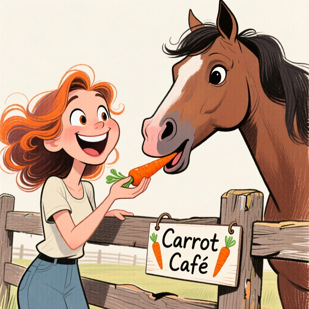 A woman feeding carrots to a friendly horse over a wooden pasture fence.