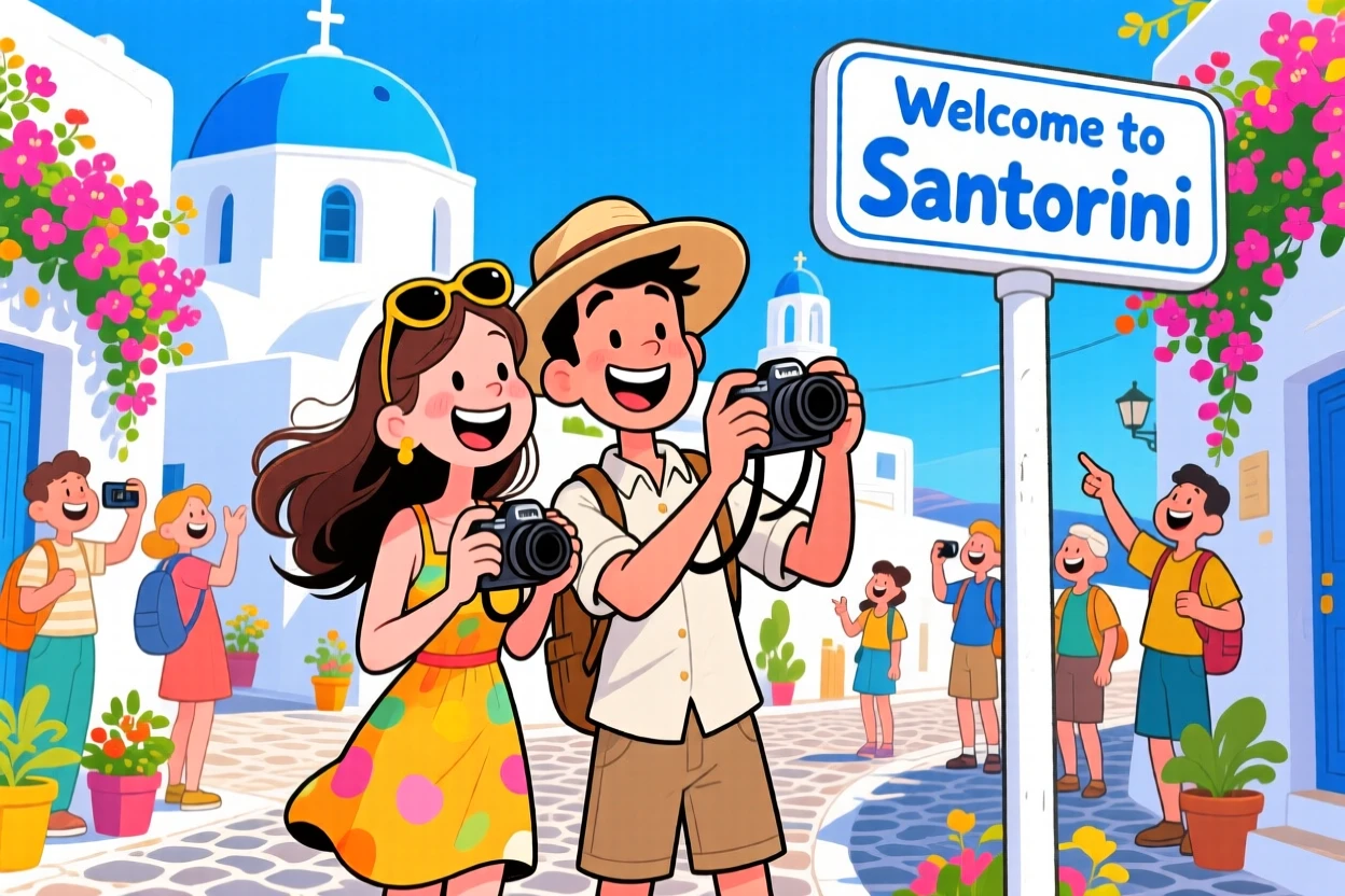 An iconic travel scene featuring a young couple wandering the colorful streets of Santorini, surrounded by cheerful fellow travelers.