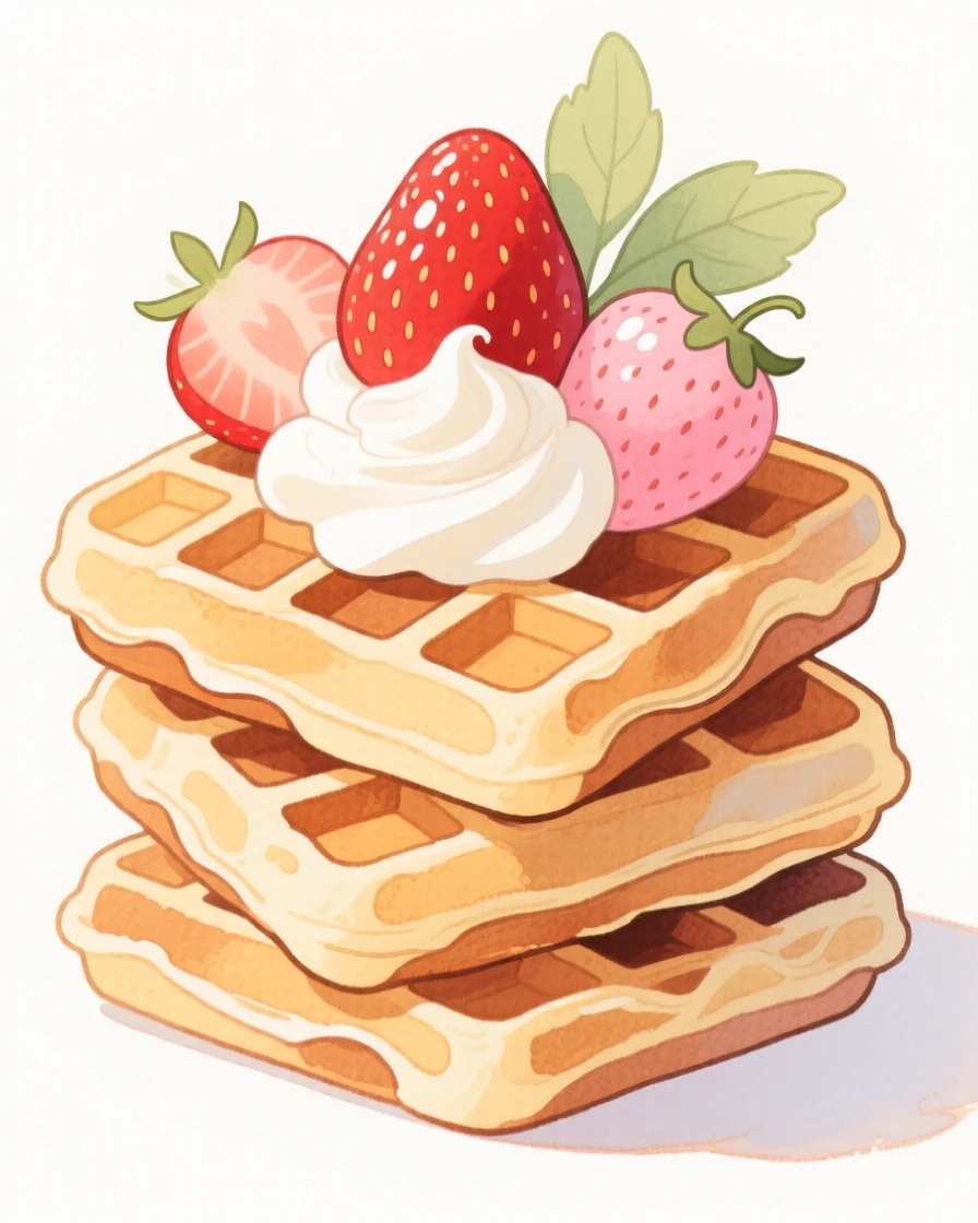 A cozy, appetizing, elegant and intimate scene of a stack of waffles topped with whipped cream and strawberries