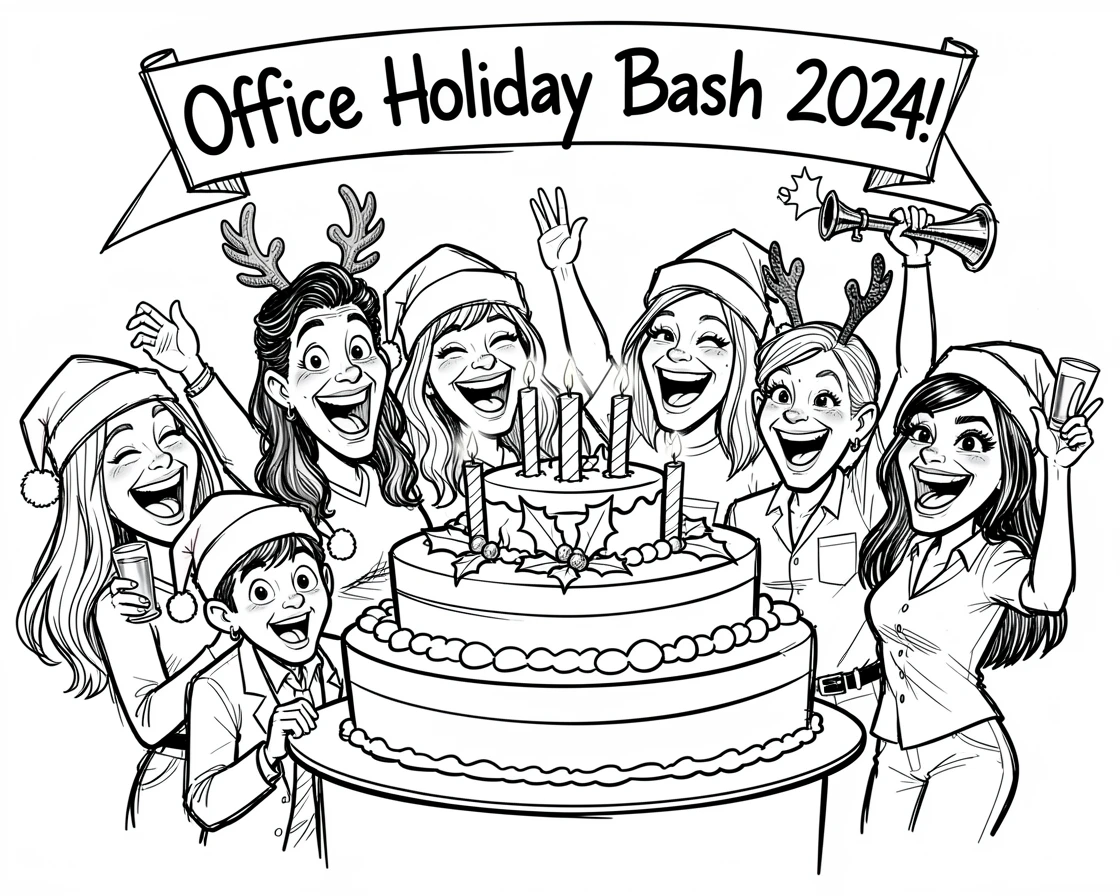 [Seasonal Holidays & Celebrations] Festive scene of a lively office holiday party sharing a giant celebratory cake, full of celebration and joy