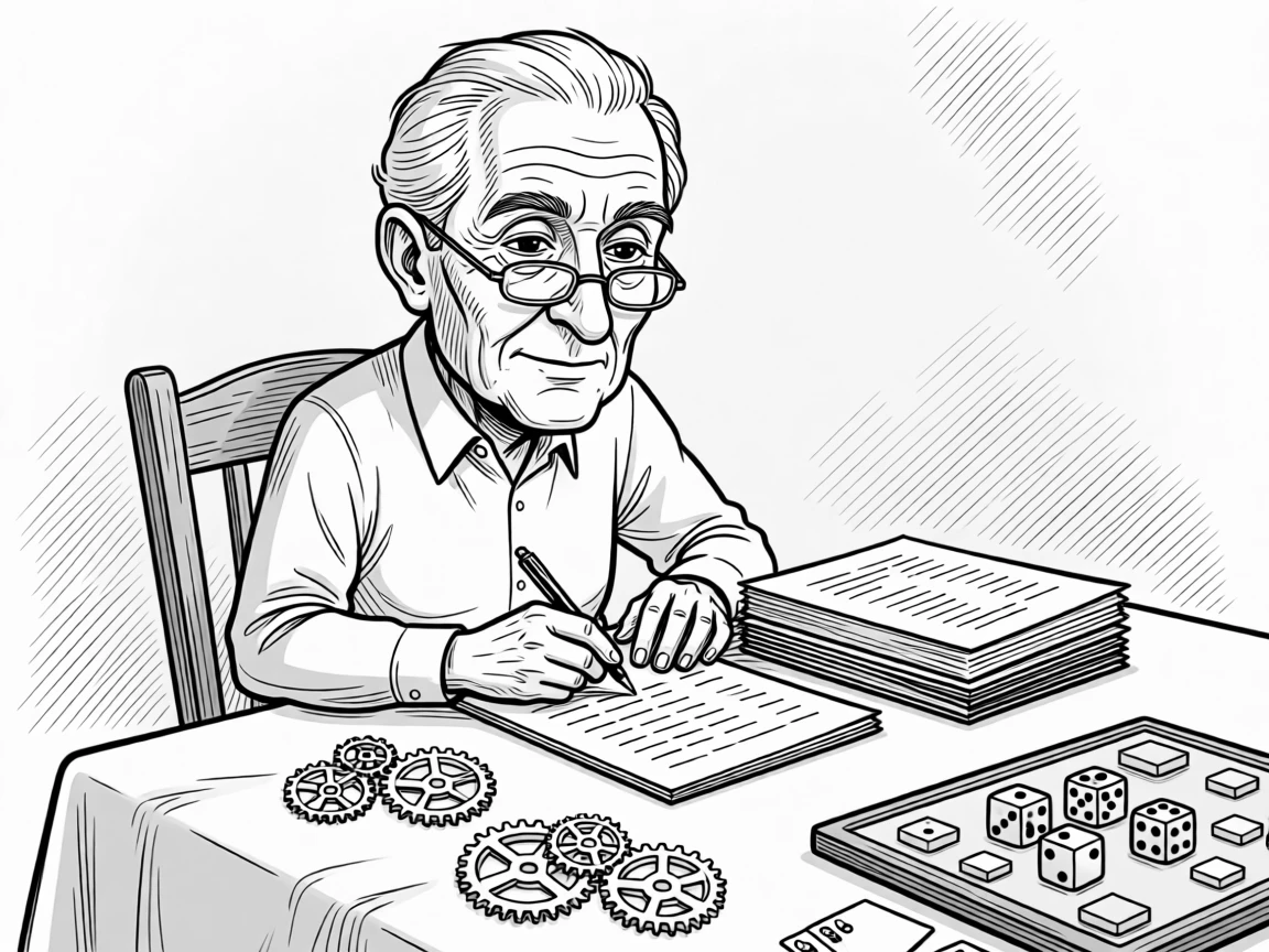 A retired teacher grading papers with tiny reading glasses, recalling old addresses with surprising accuracy, set at a kitchen table set for an evening game. Tiny gears and springs are scattered neatly on a cloth. The scene radiates hard-won wisdom shared with love.
