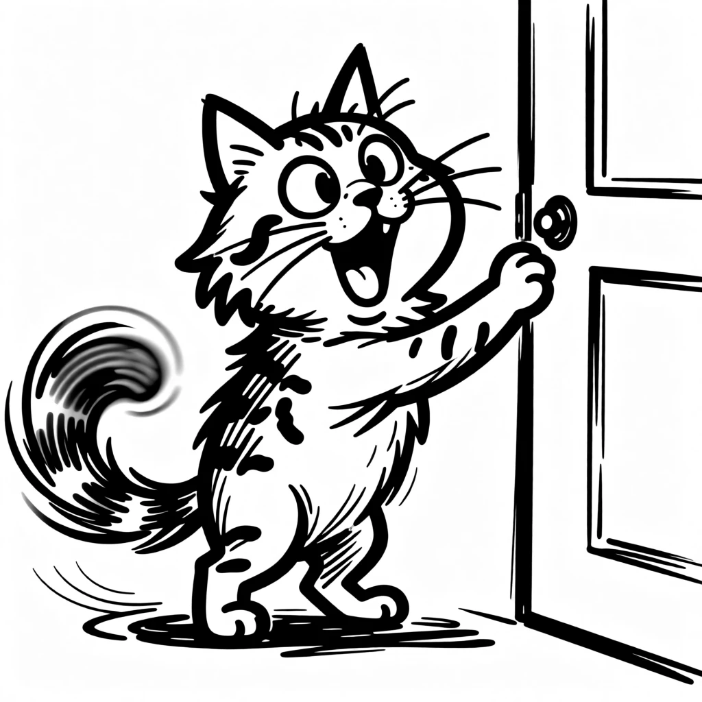 A maine coon cat excitedly greeting its owner at the door after a long day, tail a blur.