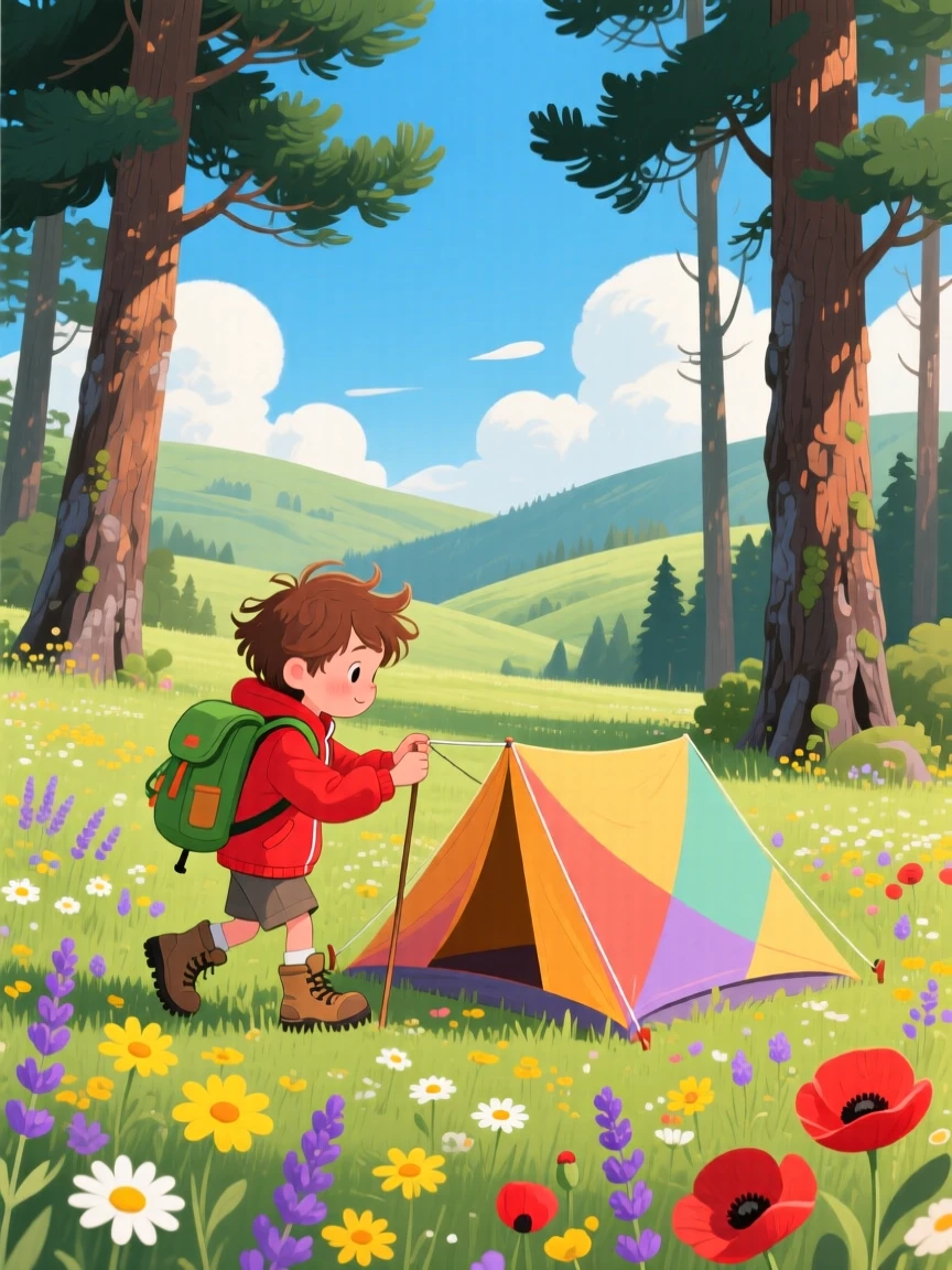 A young explorer with a backpack spends the day pitching a tent beneath tall pine trees through a wildflower meadow, as clouds cast slow shadows across the hills.