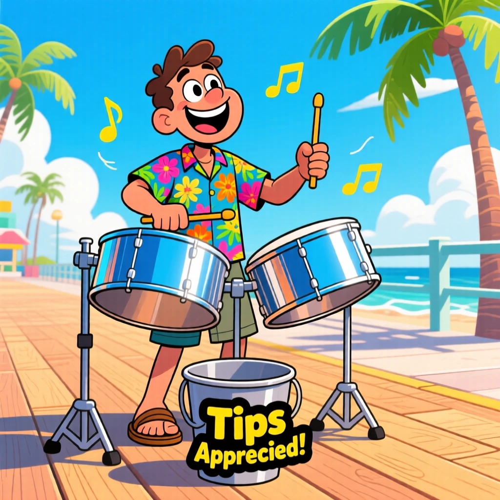 A busker playing steel drums on a sunny boardwalk.