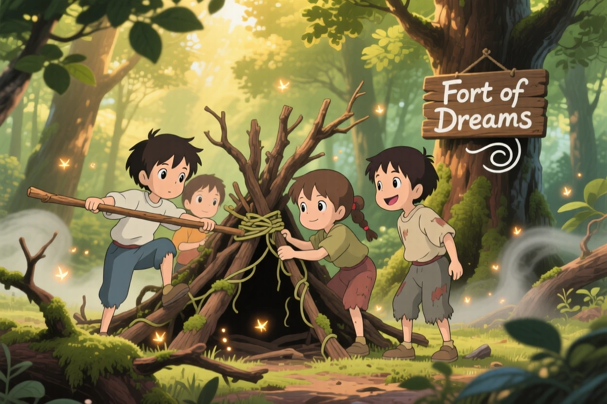 Kids building a fort out of fallen branches, the moment bursting with curiosity.