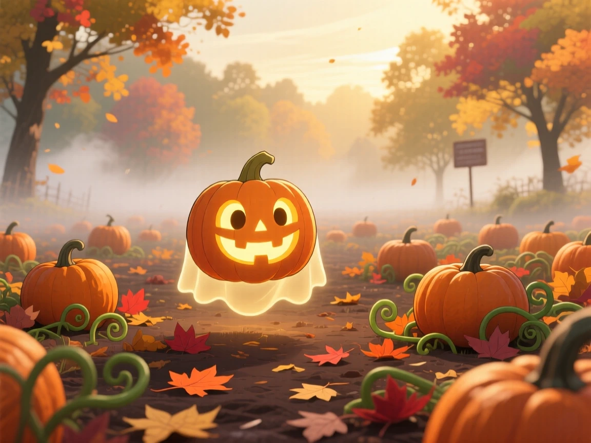 A smiling jack-o'-lantern spirit lighting the way with a gentle glow in a misty pumpkin patch during golden autumn harvest season; soft golden-hour sunlight washes over the scene as sleepy relaxation fills the moment. Wide establishing shot.