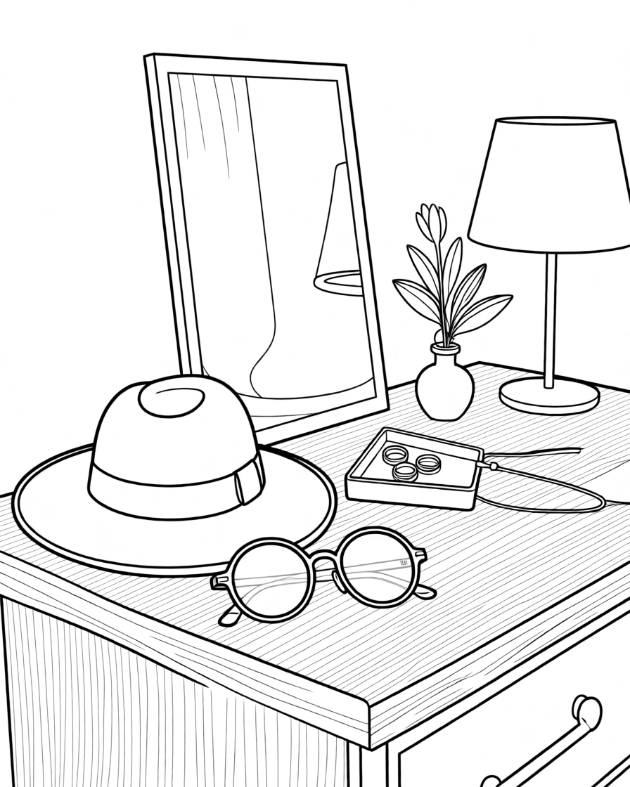 A wide-brim hat resting beside a pair of round sunglasses, arranged neatly on a vanity with a mirror nearby.