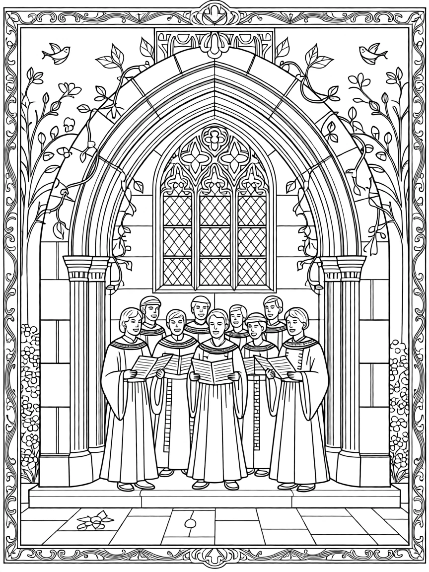 A choir singing scene beneath a stone chapel arch.