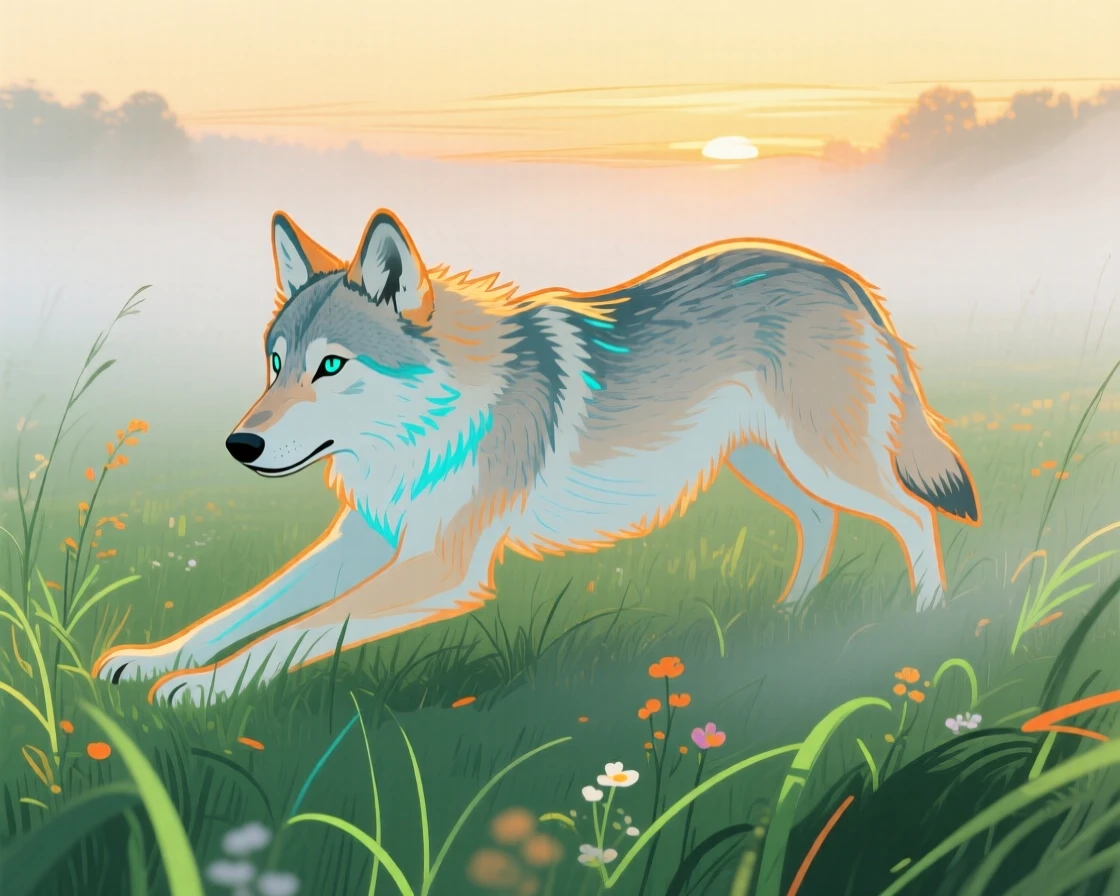A young wolf stretching in the morning light in a misty morning field during golden hour.