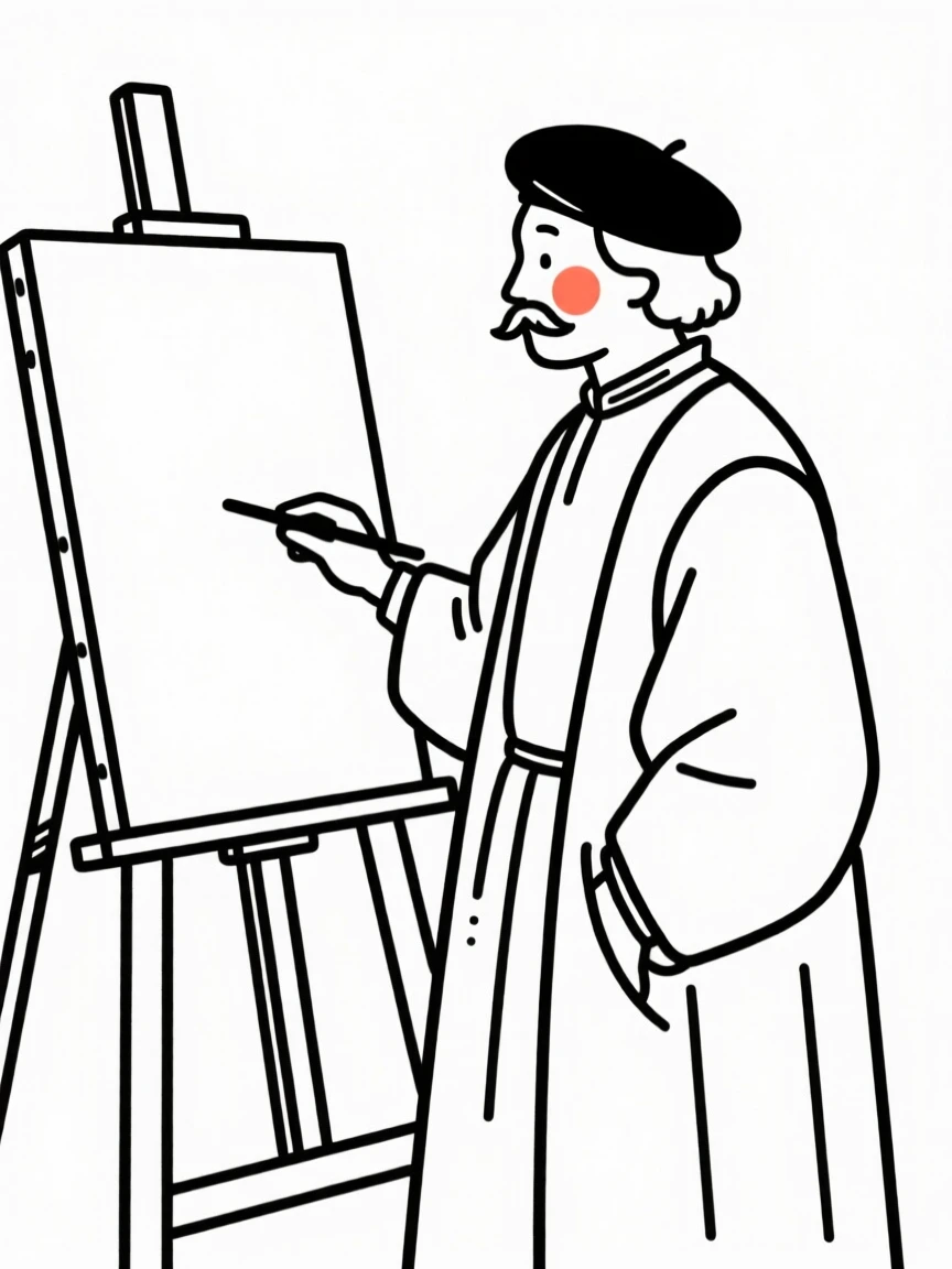 A renaissance-era painter at an easel, resting in calm stillness.