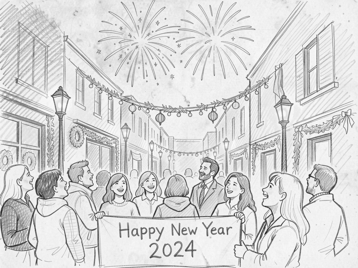 A joyful holiday moment: a New Year's Eve countdown under fireworks along a festively decorated street, with warm golden light everywhere.