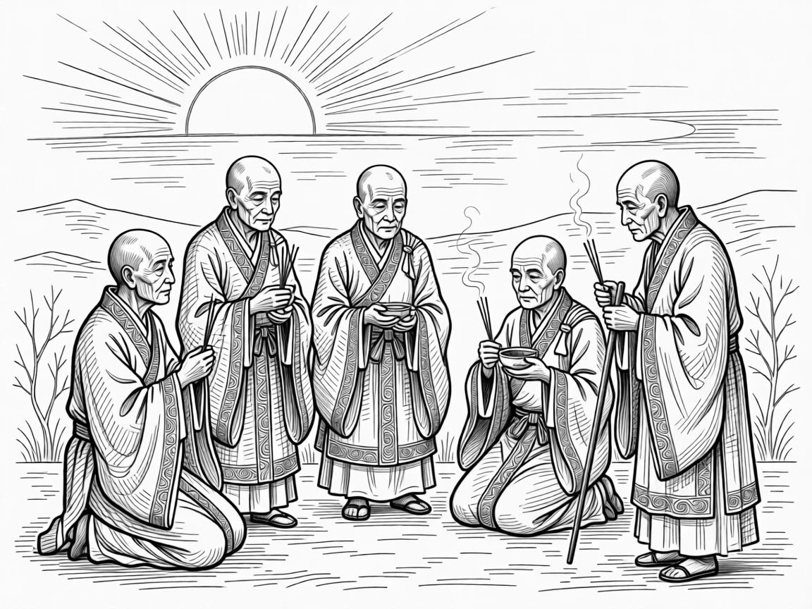 A group of elders performing a traditional blessing ceremony at sunrise.