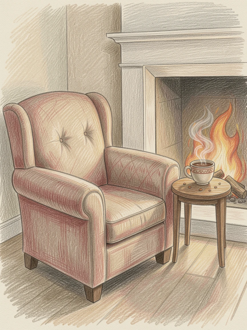A cozy reading chair beside a crackling fire with a cup of cocoa, with a gentle play of light and shadow across the composition, perfect for anyone drawn to gentle, heartfelt imagery.
