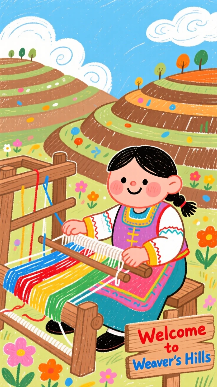 A textile weaver set against a backdrop of terraced hills.