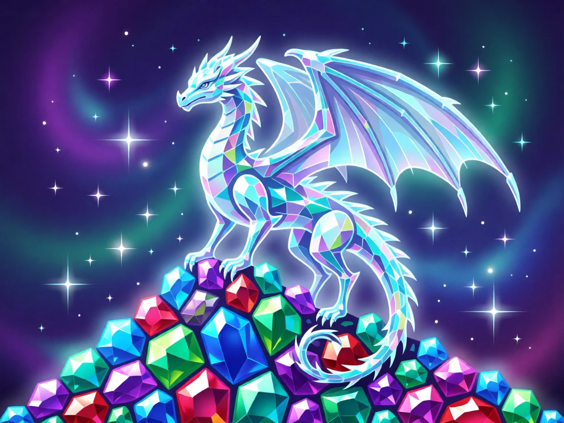 A crystal dragon perched atop a mountain of shimmering gems, set within a mystical realm glowing with soft magical light, arranged with soft sparkles and glowing highlights throughout, with rich jewel tones that evoke wonder and imagination.