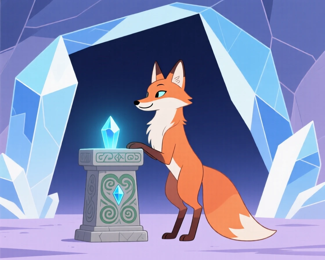 A talking fox spirit guarding an ancient relic near a crystal cave.