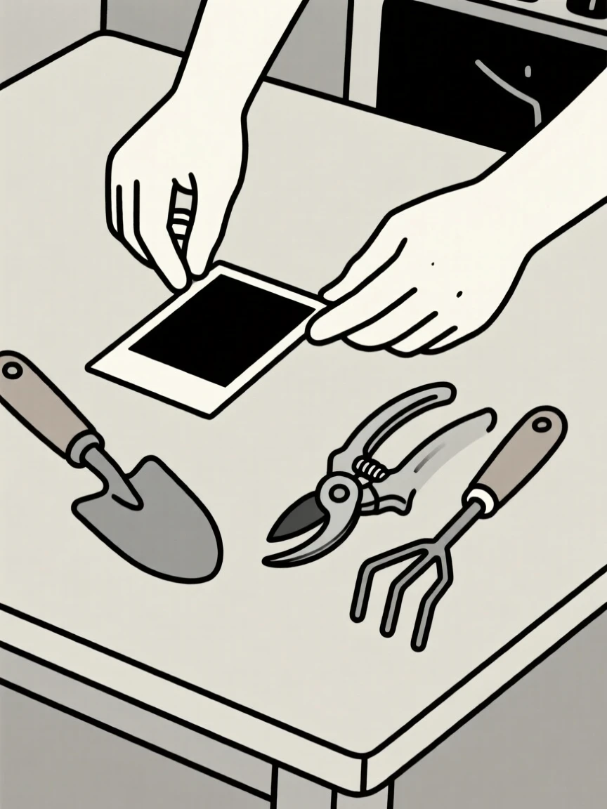 A close view of hands developing film photographs near gardening tools in a kitchen table, full of peaceful absorption.
