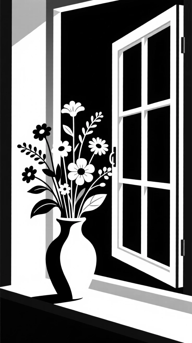 A vase of wildflowers beside an open window.