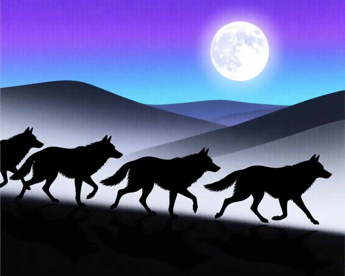 A pack of spectral wolves running silently through a moonlit valley.