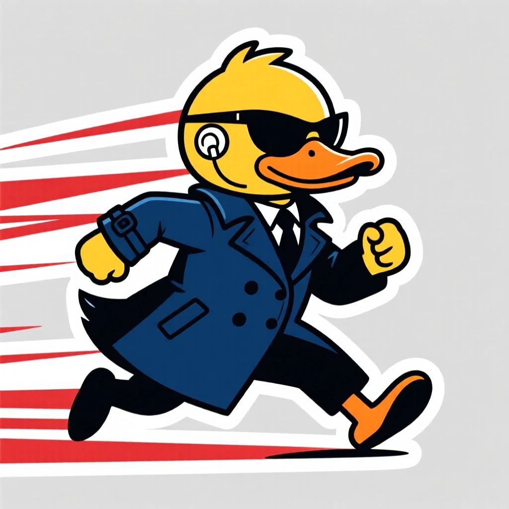 A brightly stylized secret agent duck in a tiny trench coat, with motion lines emphasizing speed and power, during a thrilling made-up quest.