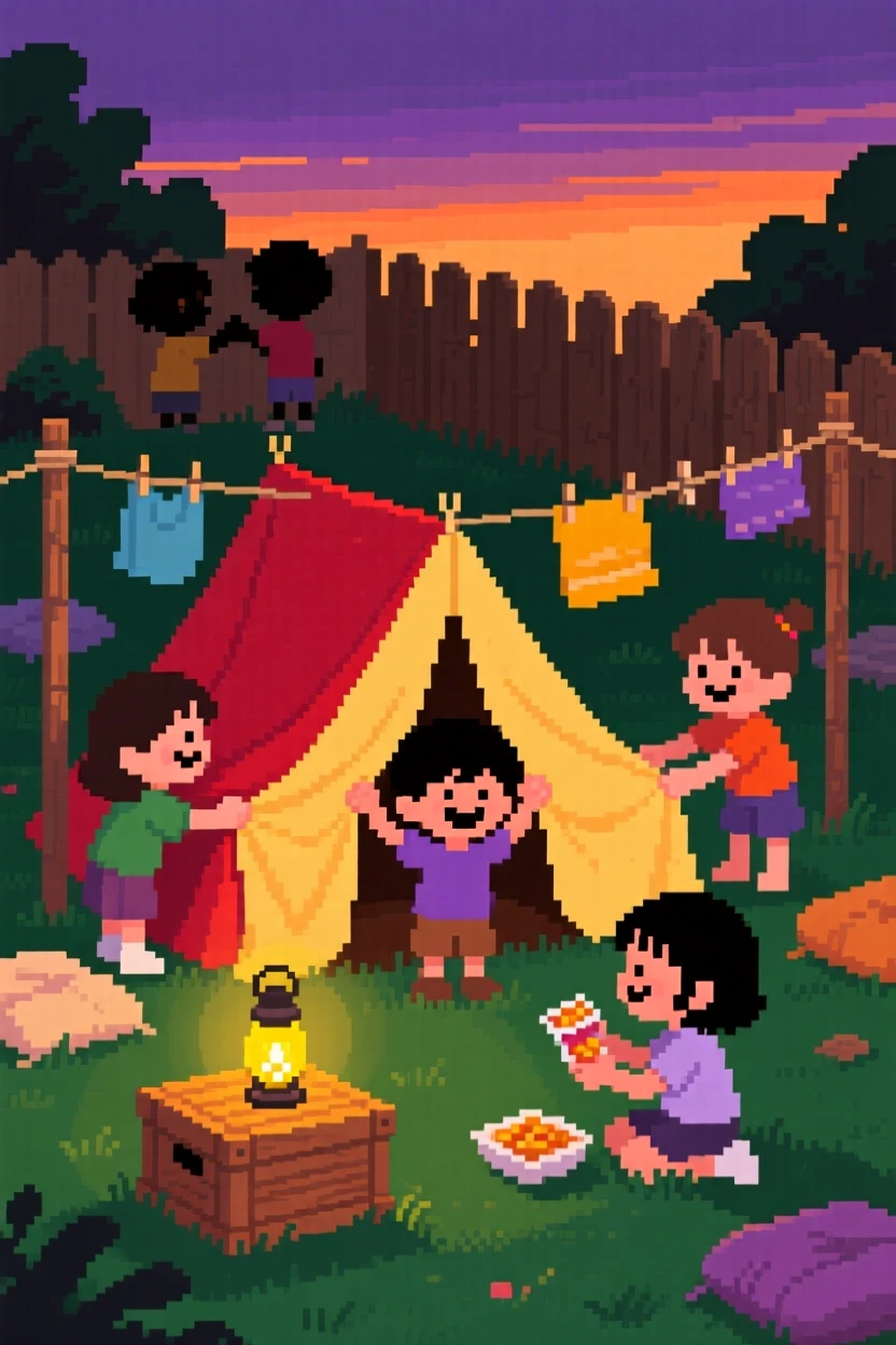 A group of children building a blanket fort laughing together on a warm summer evening, in a backyard set up for a summer evening.