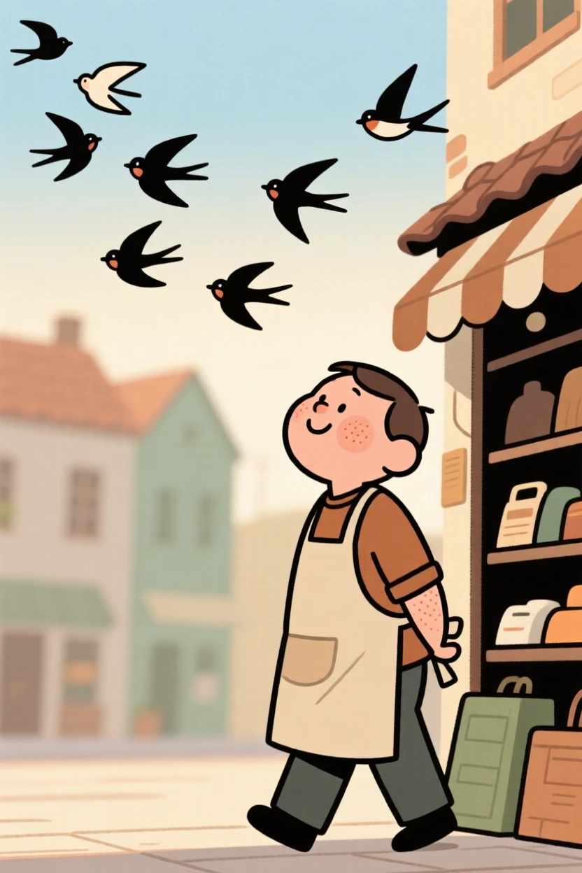 A busy shopkeeper pauses mid-walk home to watch a flock of birds crossing the sky, a small smile crossing their face at the simple beauty of it.