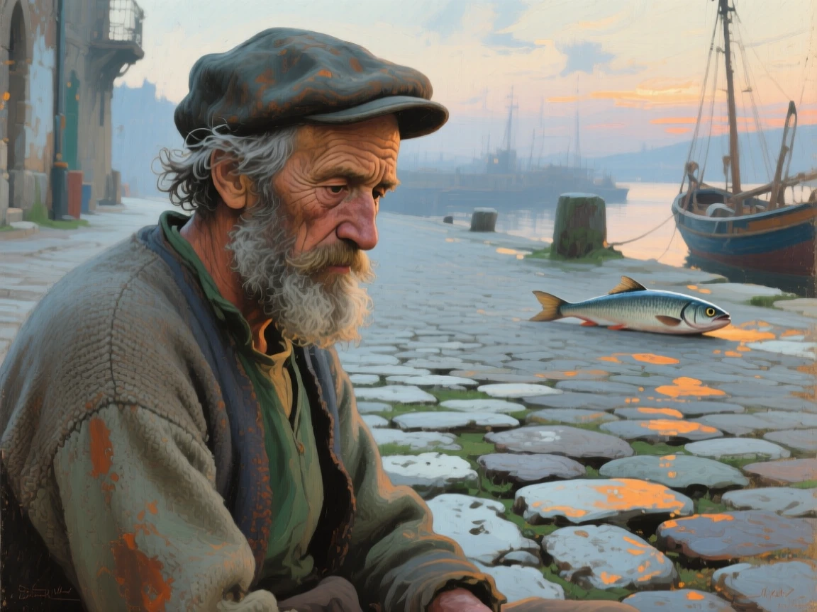 A close-up portrait of an old fisherman on a cobblestone street, lost in thoughtful reflection, in the pale light of early evening.