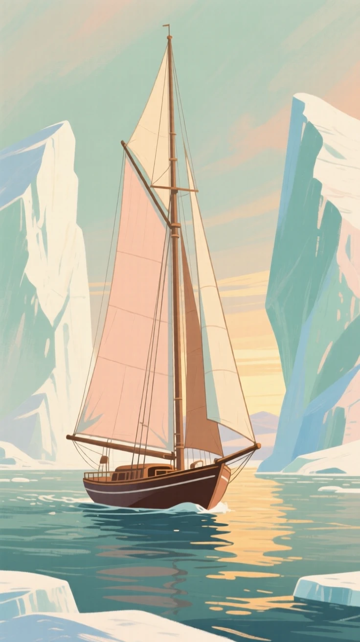 A sailboat navigating between icebergs in a remote northern sea