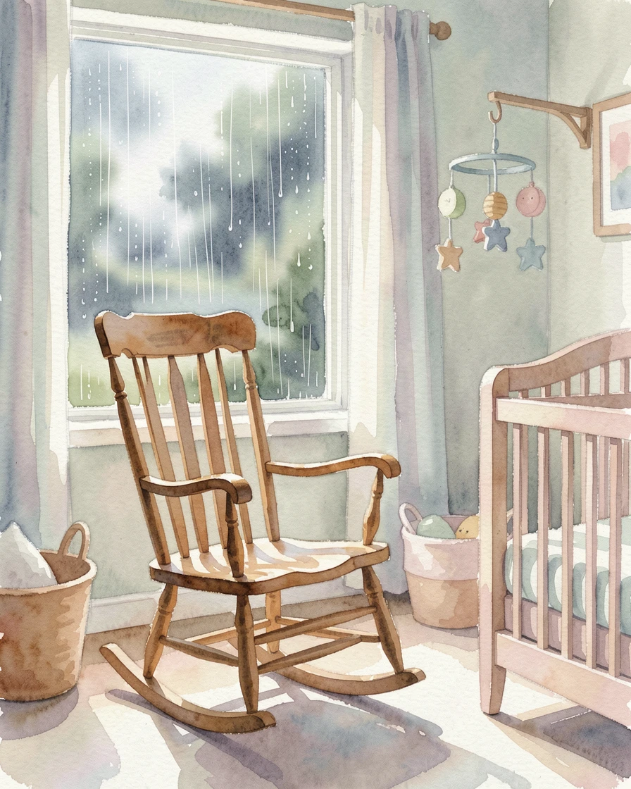 A nursery with a wooden rocking chair with rain visible through the window.