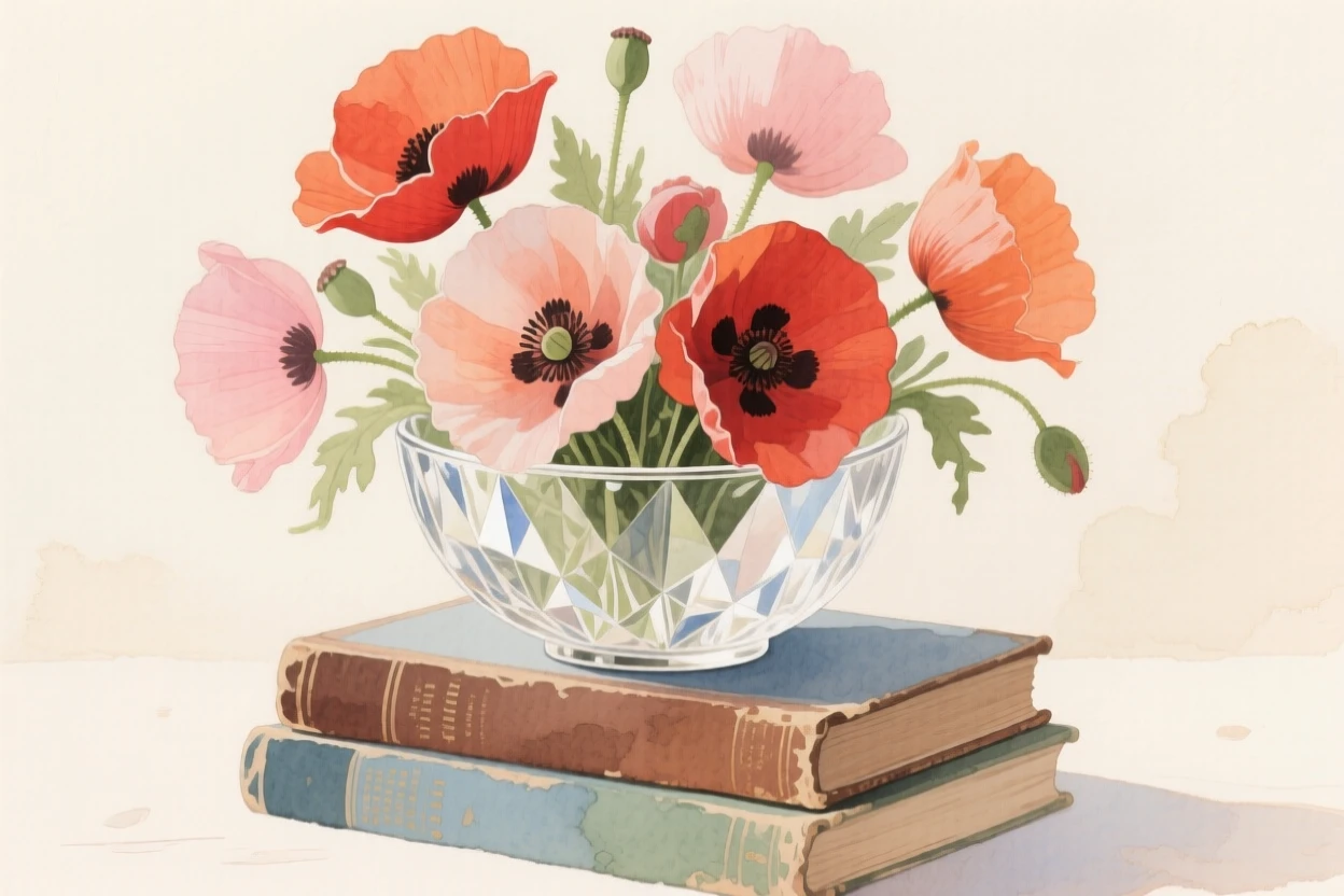 A bouquet of poppies in soft, layered tones fills a delicate crystal bowl atop a stack of old books, petals catching the gentle light