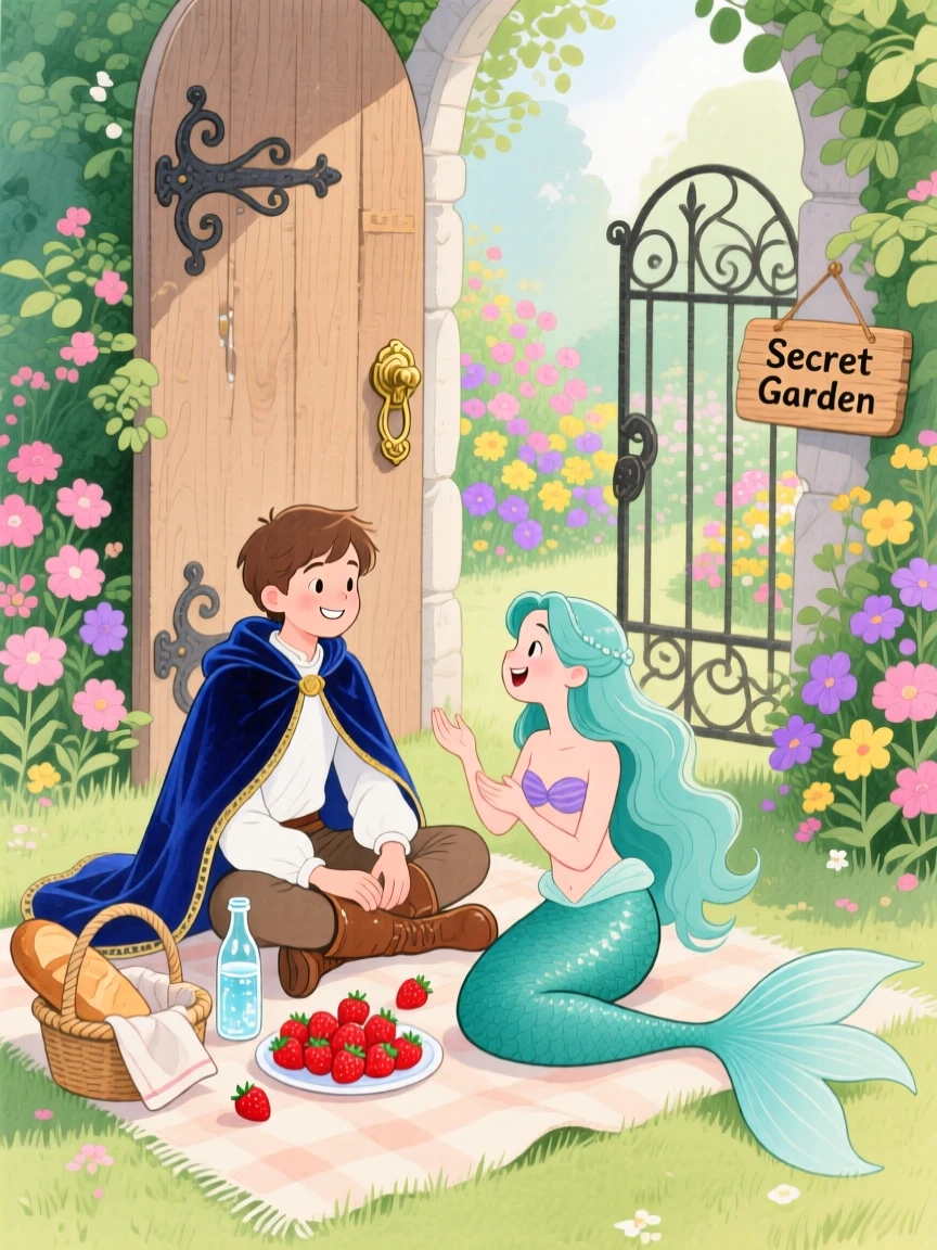 A young prince in a velvet cloak sharing a picnic with a singing mermaid inside a secret garden behind an old door.