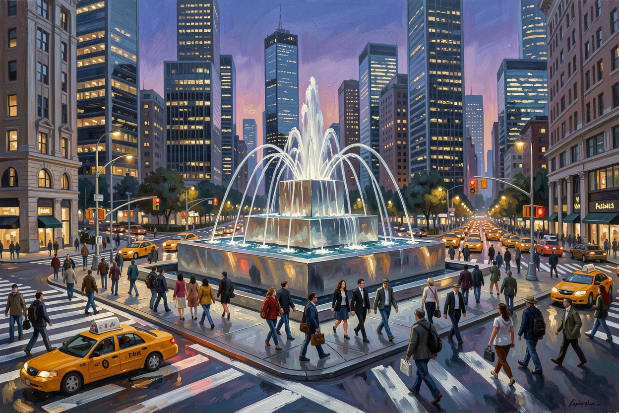 A busy urban plaza with a modern fountain, taxis streaming through the intersections below, with a busy crosswalk full of pedestrians, at dusk, windows lighting up one by one across the skyline.
