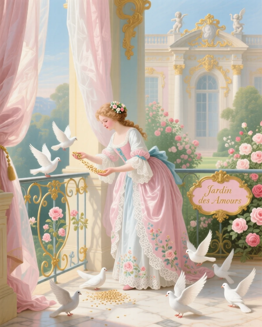 A girl feeding doves from a sunny palace balcony  