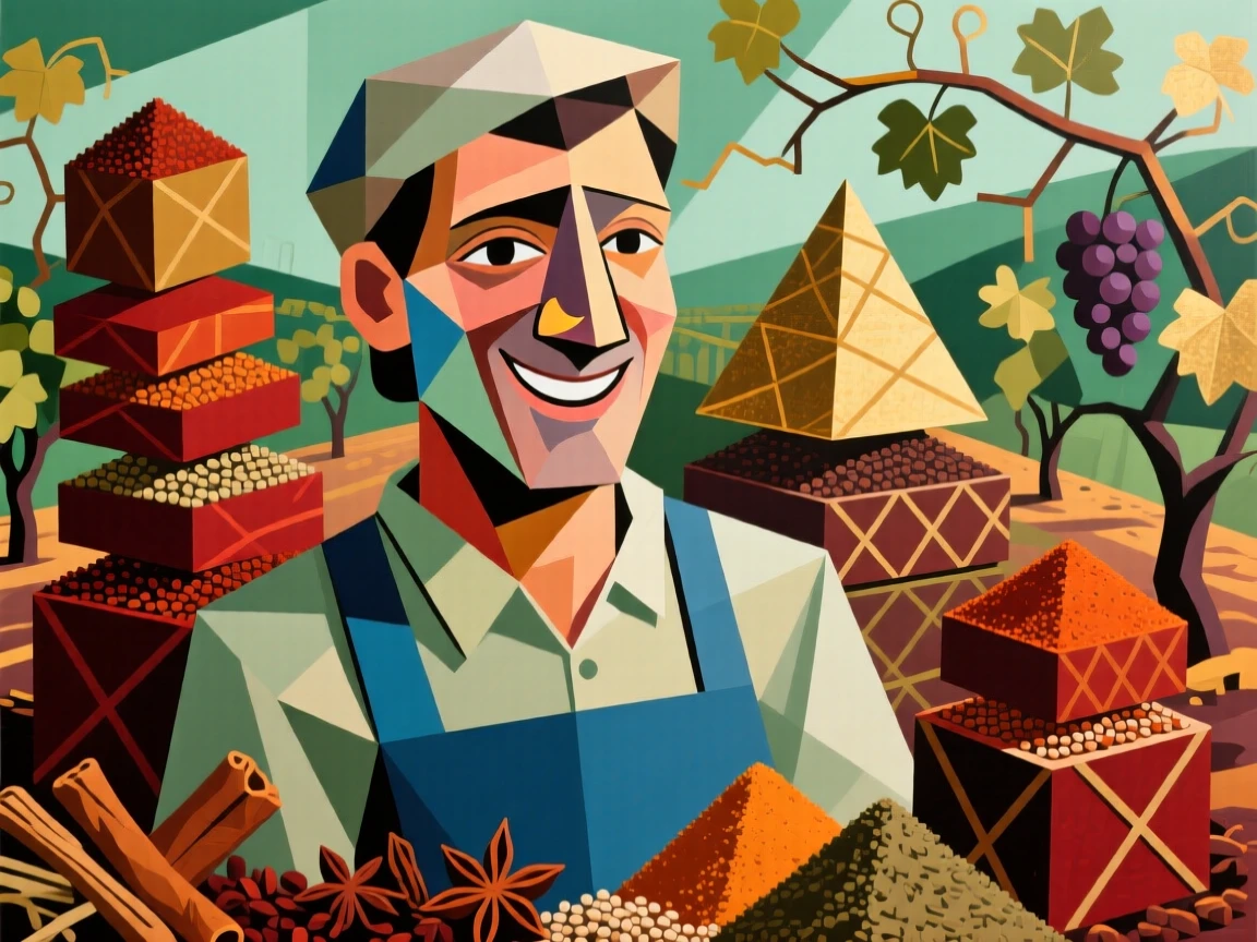 A candid medium shot of a vineyard grower smiling gently surrounded by stacks of fragrant spices.