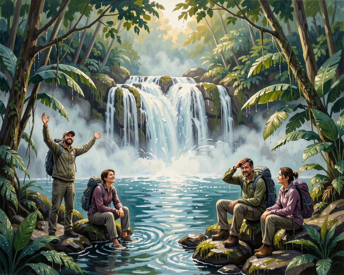 A group of hikers reaches a hidden waterfall deep in a rainforest, cooling off in the misty spray after a long jungle trek, a quiet sense of accomplishment visible in the posture and expression of those involved.
