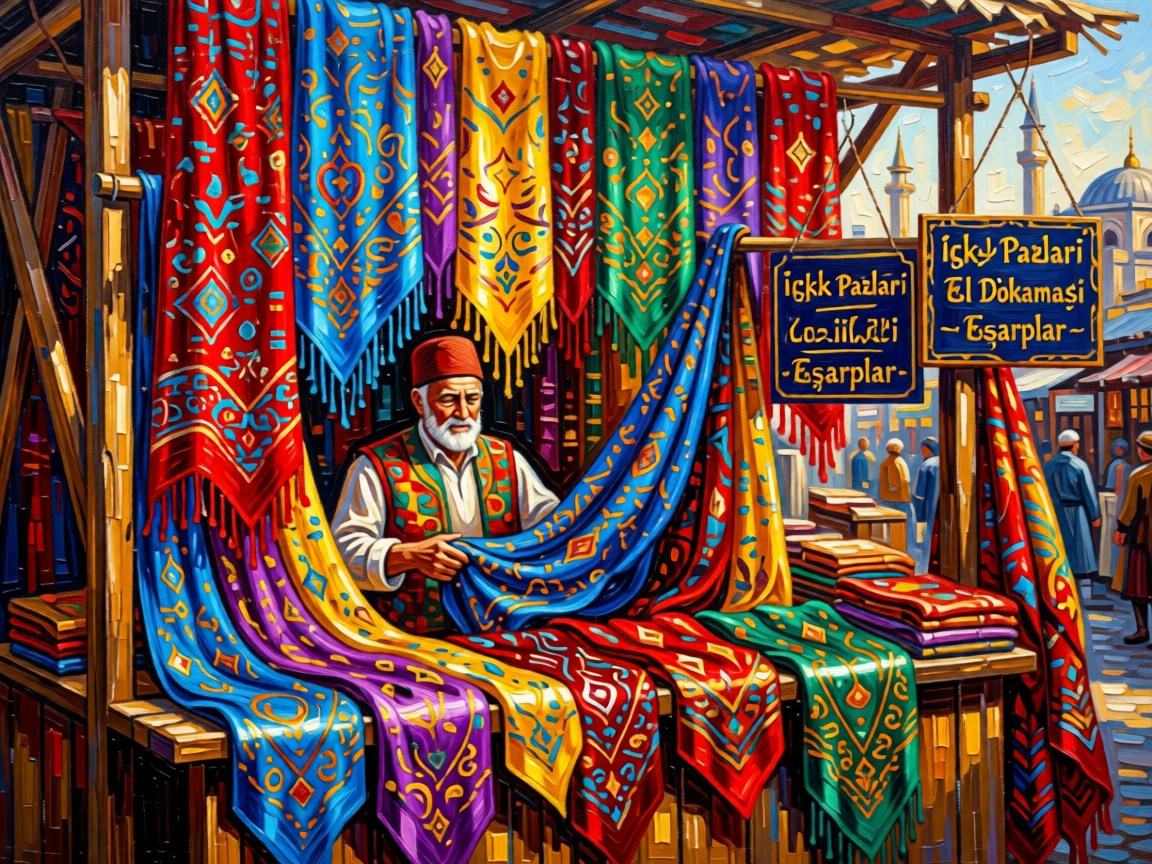 A silk market stall in Istanbul draped with vibrant patterned scarves