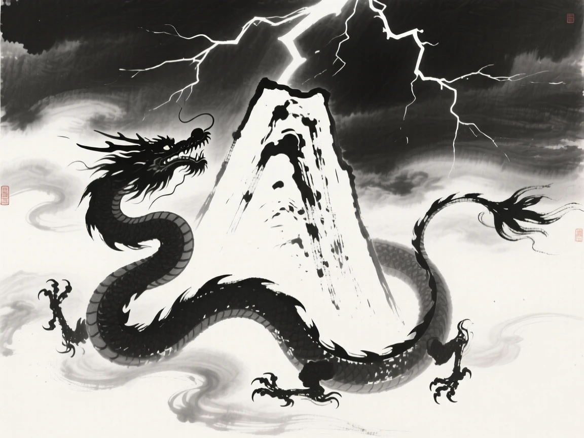 A dragon curls protectively around a mountain peak shrouded in cloud, as lightning flashes across the darkened sky.