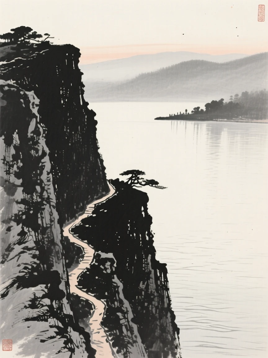 A steep gorge with a thin trail carved into its side as evening shadows stretch long across the land, seen from across the water, the far shore reduced to soft silhouette, carrying a feeling of timeless peace and stillness.