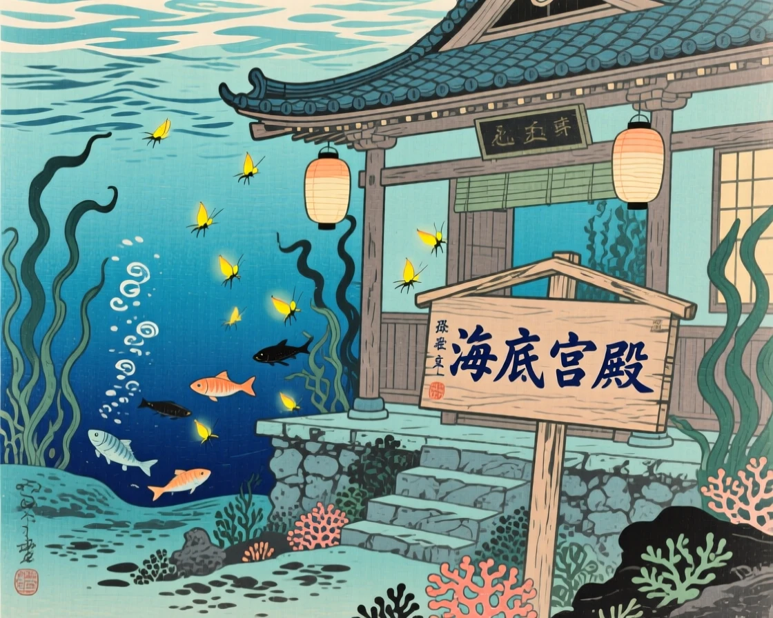 An underwater palace glowing beneath the waves, surrounded by drifting fireflies.