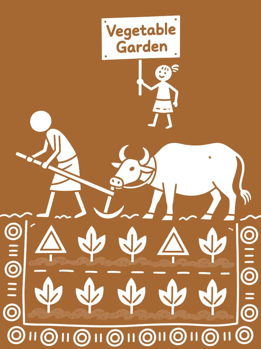 A farmer and his oxen tending to a small vegetable garden.
