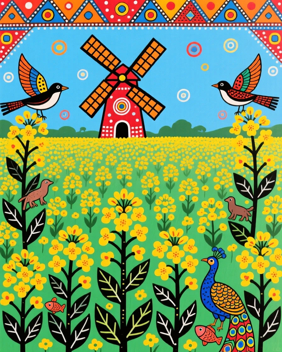 A field of blooming rapeseed stretching toward a distant windmill.