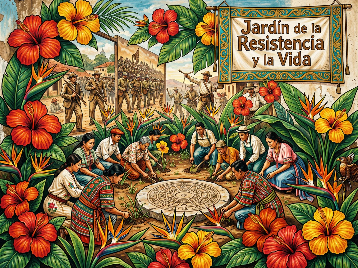 A tropical garden filled with hibiscus and bird of paradise flowers