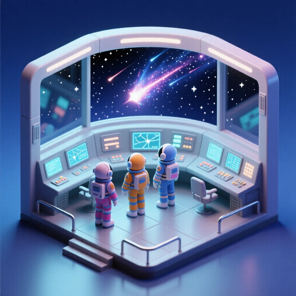 A space station observation deck with astronauts watching a meteor shower streak past a curved glass window.