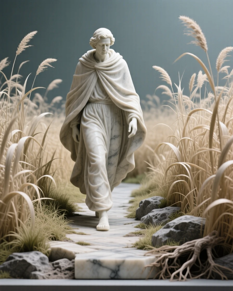 A beautifully composed image of a lone wanderer walking a path through tall grass, in a moment of quiet stillness, full of atmosphere and visual storytelling