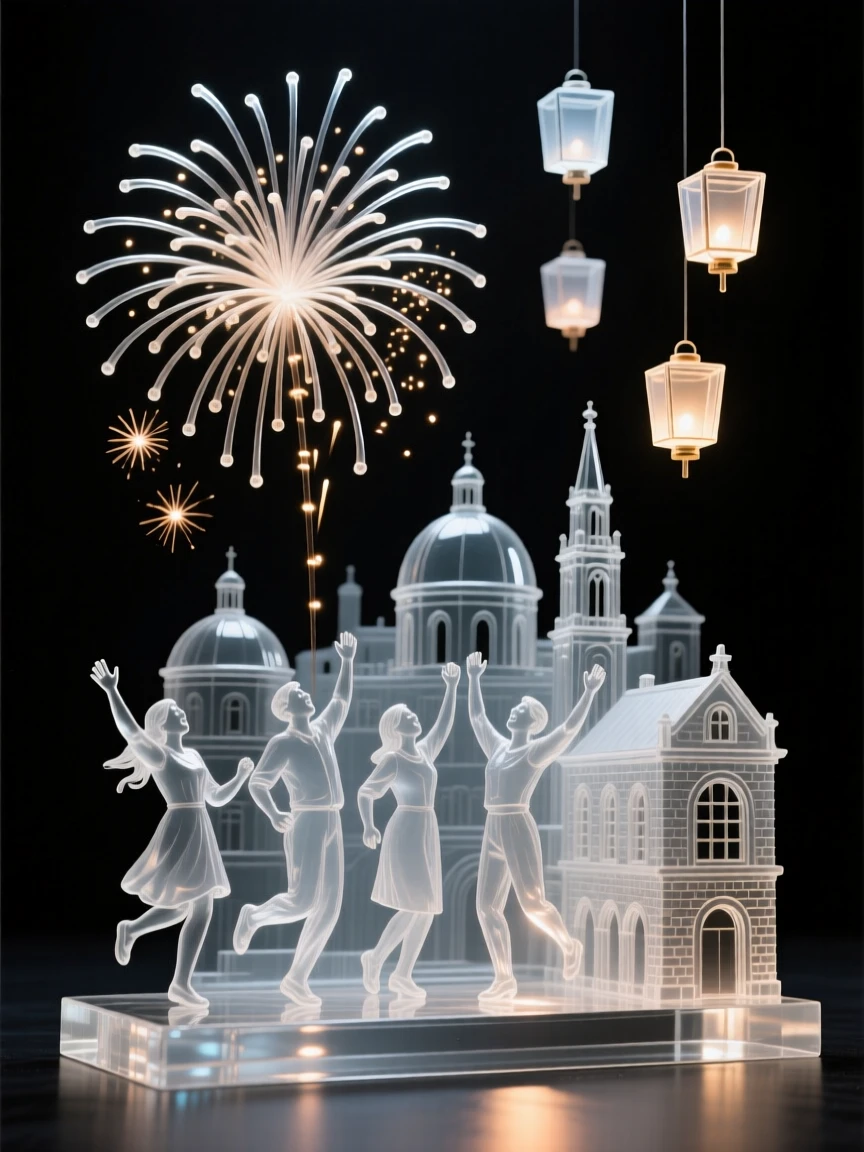 A group celebrating with fireworks over a historic city while lanterns rise slowly into the night sky