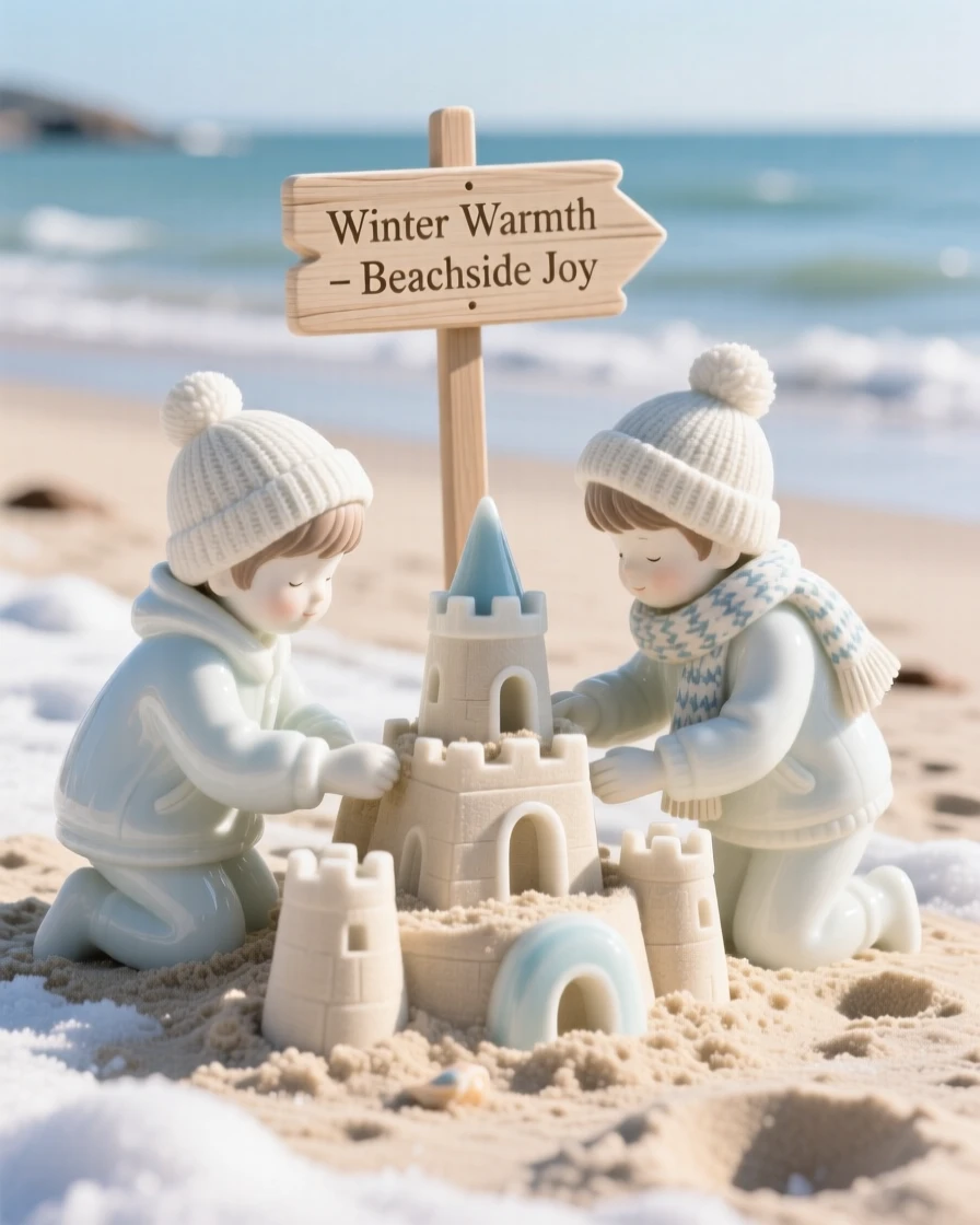 A cozy winter moment: a warm beach scene with children building sandcastles, bathed in soft seasonal light.