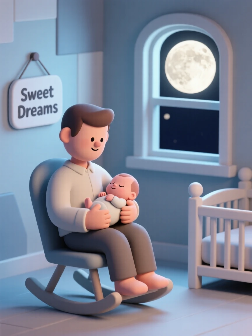 A gentle new father rocks his sleeping newborn gently in a moonlit nursery, humming a soft lullaby.