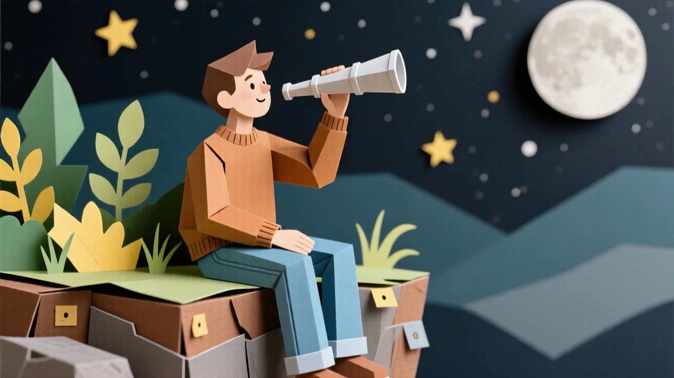 A passionate stargazer perched on a scenic cliffside overlook, with a look of quiet concentration, evoking creative passion and focus.