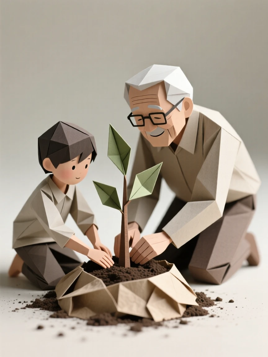 A child planting a tree with a grandparent, both hands pressed into the same soil.