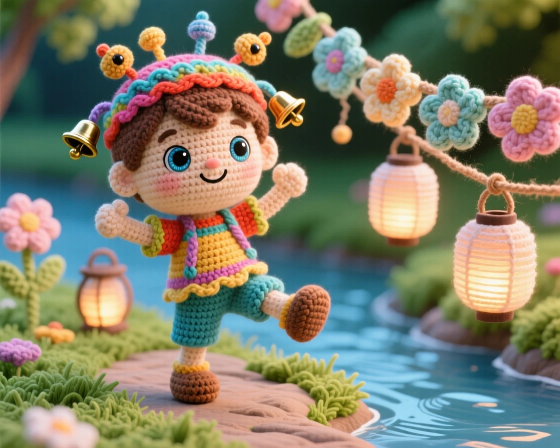 a small boy wearing a festival headband with small bells, for a spring celebration, is shown dancing to a cheerful tune in a riverside path lit with floating lanterns beside a garland of woven flowers draped nearby, capturing heartfelt togetherness during a special gathering.